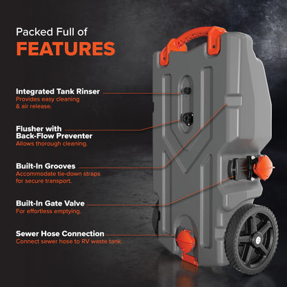 Camco Rhino 36-Gallon Camper/RV Tote Tank - Features Large Heavy-Duty No-Flat Wheels & Built-In Gate Valve - Removable Steel Tow Adapter, 3’ Sewer Hose & More RV Accessories (39006)