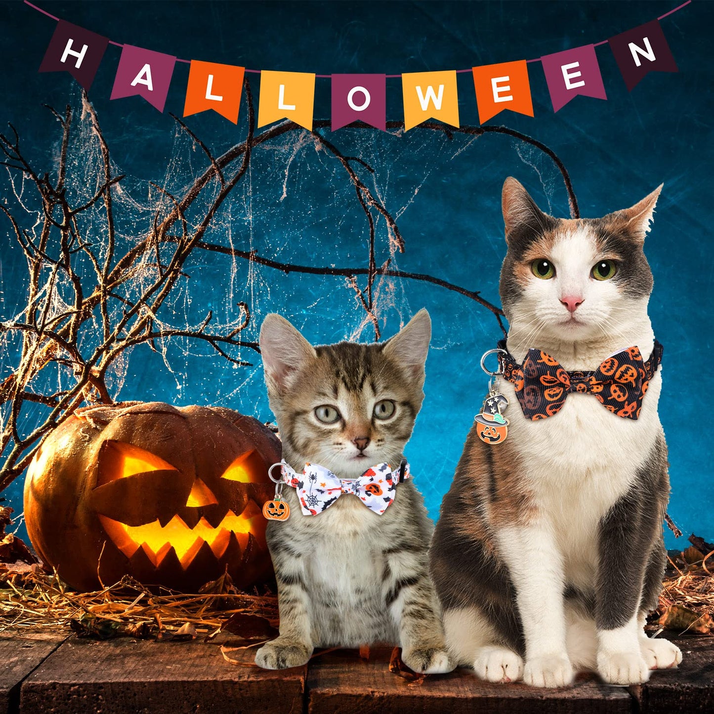 6 Pcs Halloween Cat Collar with Bow Tie and Bells, Breakaway Kitten Collar Ghost Pumpkin Witch Skull with Buckle Adjustable 7-11 Inch Funny Gothic Cat Supplies