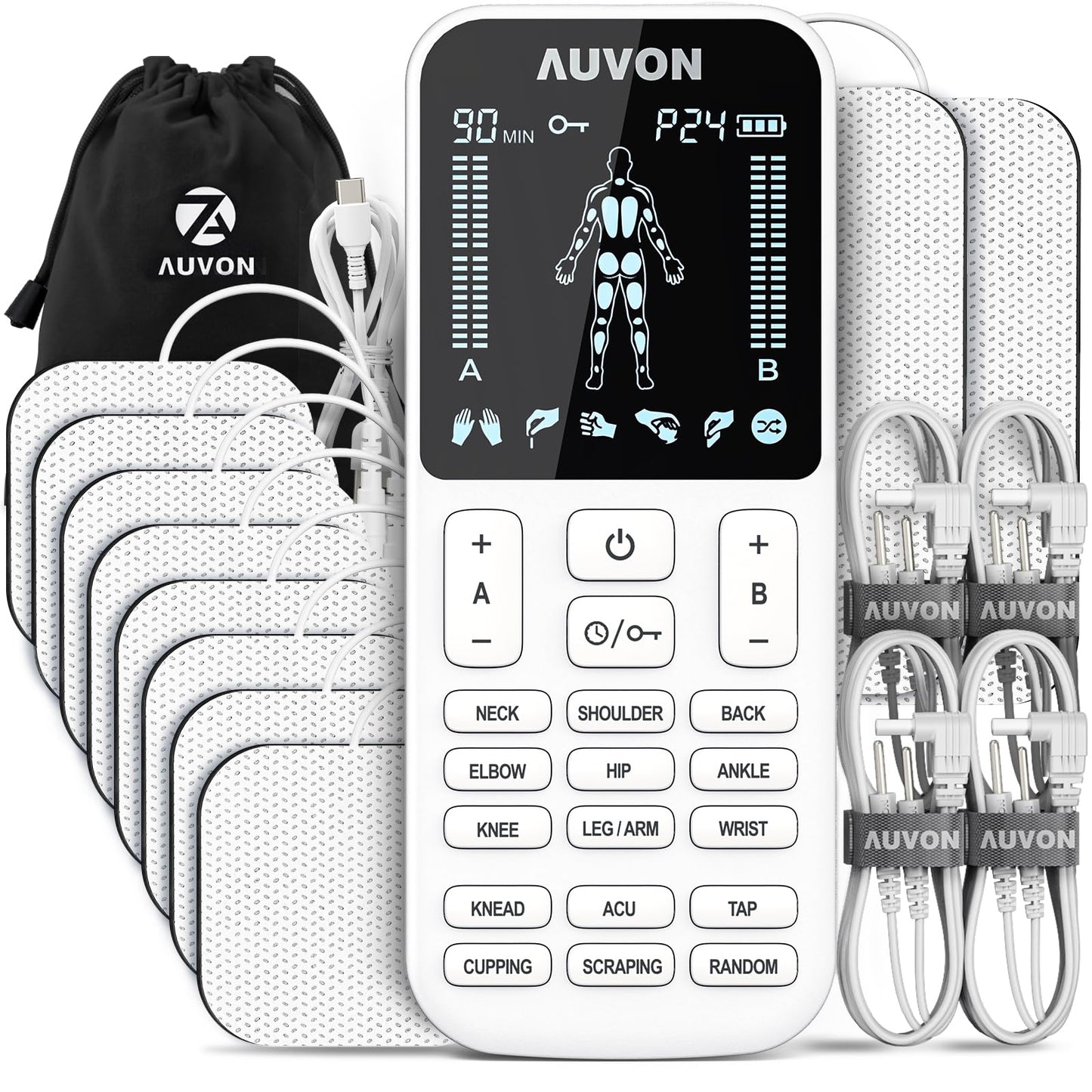 AUVON 4 Outputs TENS Unit Muscle Stimulator with 24 Modes & Intuitive Operation Design, FSA & HSA Eligible, TENS Machine with 10 TENS Pads, Electronic Pulse Massager for Back Pain Relief Therapy