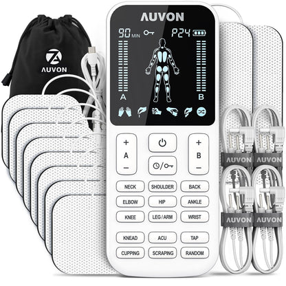 AUVON 4 Outputs TENS Unit Muscle Stimulator with 24 Modes & Intuitive Operation Design, FSA & HSA Eligible, TENS Machine with 10 TENS Pads, Electronic Pulse Massager for Back Pain Relief Therapy