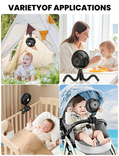 AMACOOL Baby Stroller Fan - 5000mAh Rechargeable, 3-Speed, Strong Yet Quiet, 360°Rotate Portable Clip on Fan for Travel, Car Seat, Crib, Bike, Treadmill, Beach Vacation Essentials