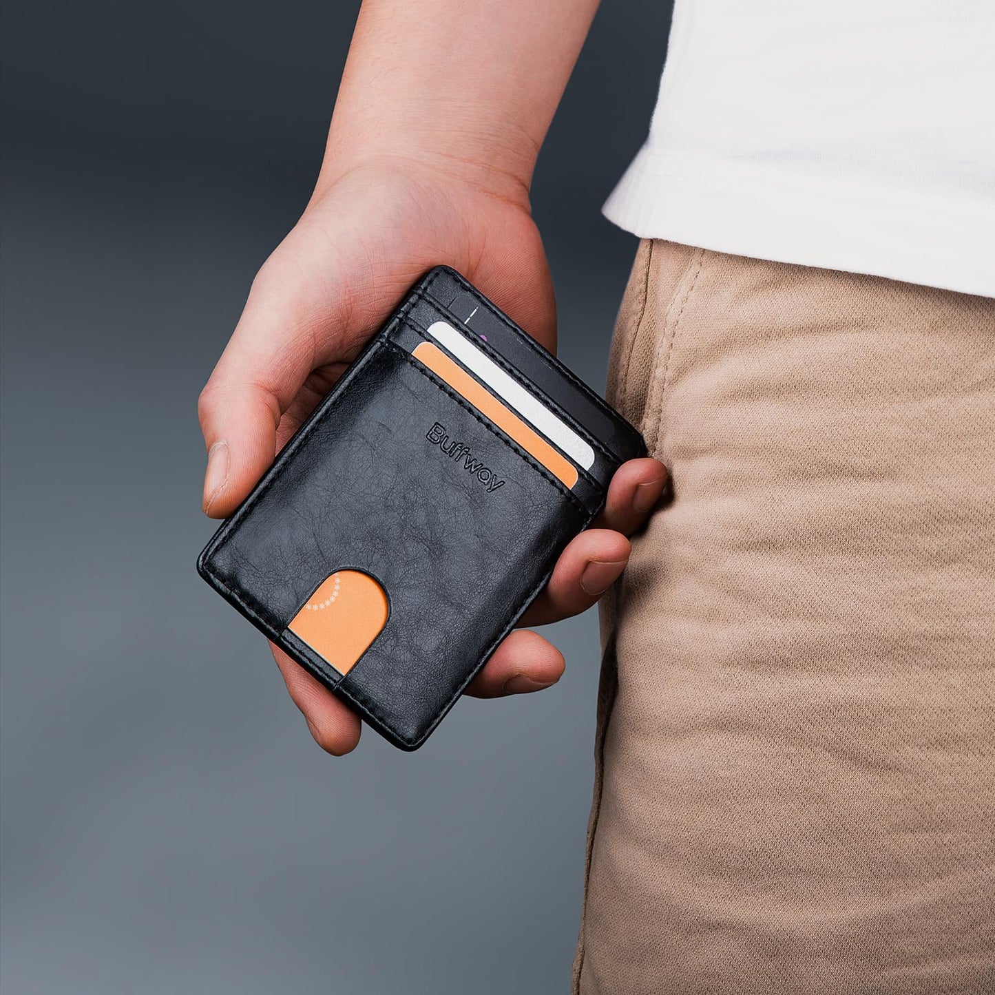 Buffway Mens Slim Wallet, Minimalist Thin Front Pocket Leather Credit Card Holder with RFID Blocking for Work Travel - Seattle Black