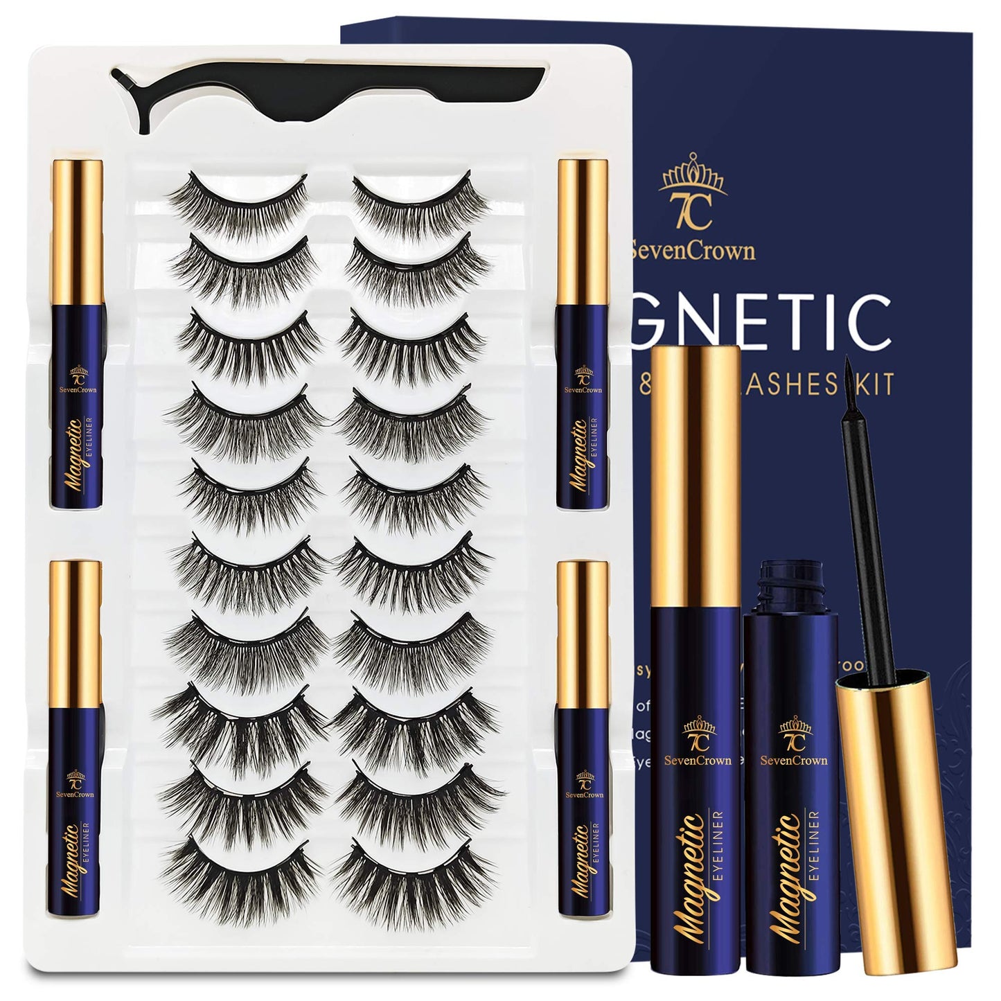 3D Magnetic Eyelashes Natural Look with Eyeliner Kit - 7C SEVENCROWN Magnetic Lashes - Upgraded 4 tubes of Liner - 10 Pairs Reusable False Eyelash Kit with Applicator Easy to Apply.