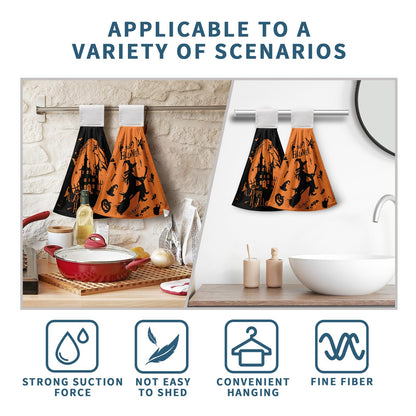 Happy Halloween Hanging Hand Towels Set of 2 for Bathroom Witch Castle Spider Web Kitchen Towels with Hanging Loop Orange and Black Holiday Dish Towel Soft Absorbent Fingertip Fast Dry Bath Towels