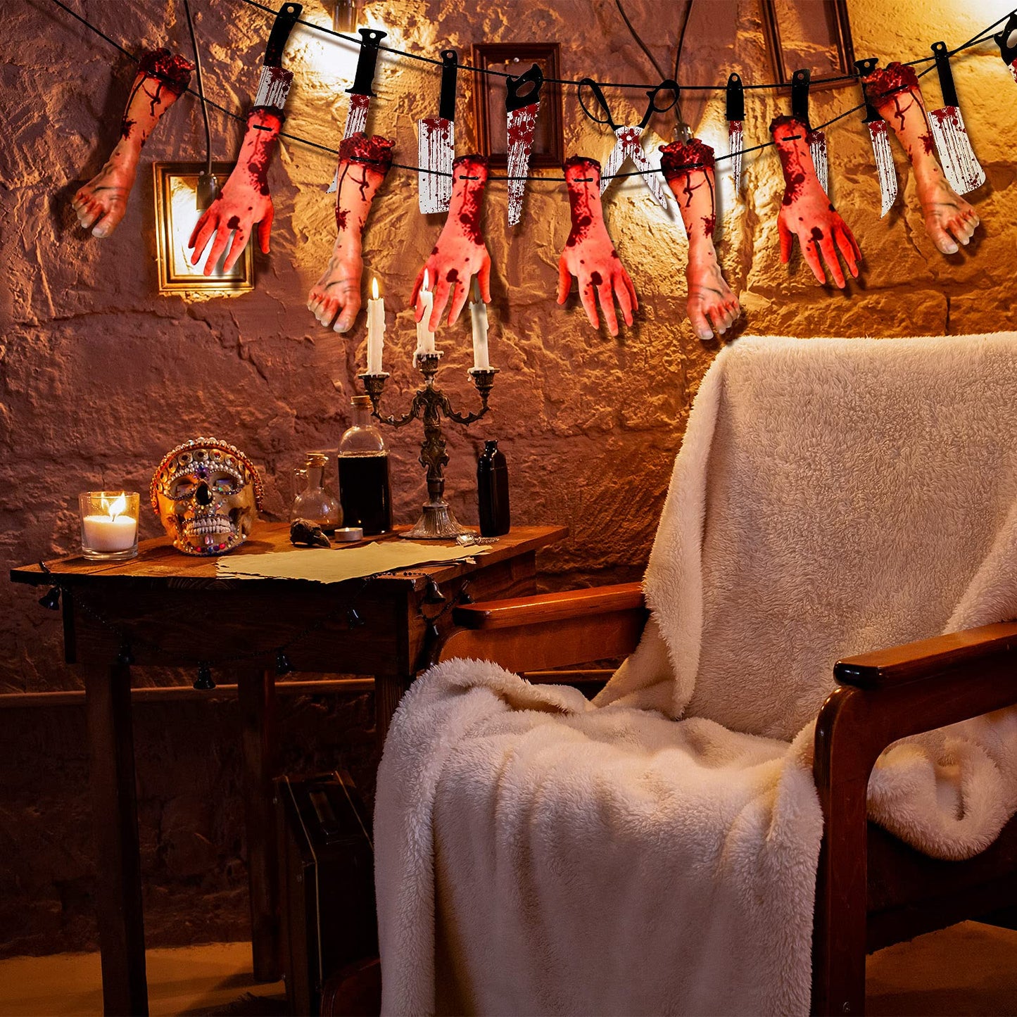 6 Sets Halloween Bloody Garland Banner, Include 48 Garland and 16 Fake Scary Broken Hands and Feet Hanging Decor, Halloween Party Decoration Scary Banner Supplies