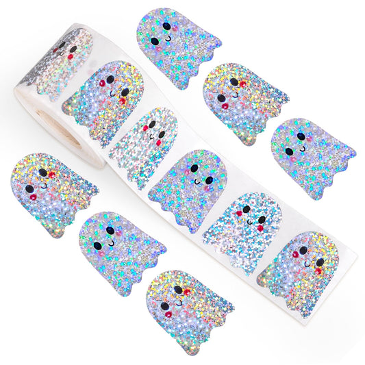 Whaline Halloween Ghost Stickers Roll Laser Cute Cartoon Ghost Seal Stickers Waterproof Self-Adhesive Decals for Envelope Journal Decor Birthday Baby Shower, 500 Pcs