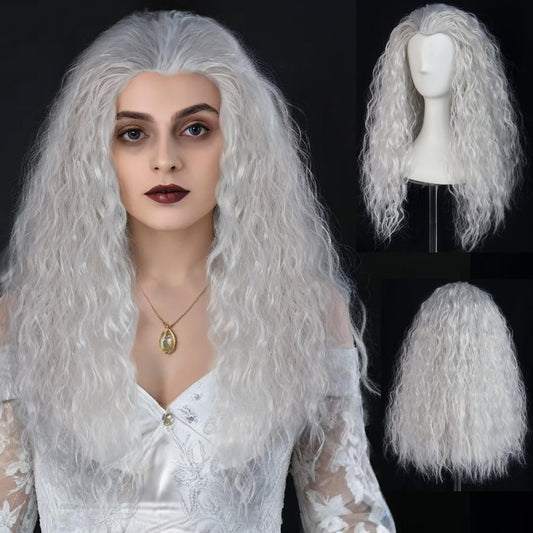 ANOGOL Hair Cap+ Long Grey Curly Wig Women Witch Wig Silver Outfit for Anime Cosplay Crazy Wigs Old Lady Wigs Long Gray Hair Women Halloween Party Costume Outfit