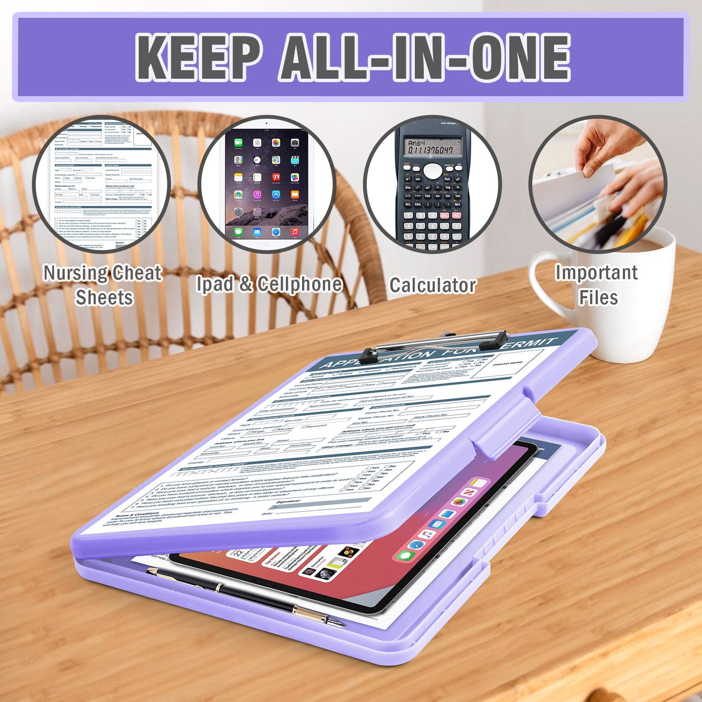 ANZNKU Storage Clipboard Heavy Duty, Clipboard with Storage 13x9.6 inches, Side Opening Plastic Clipboards, Nursing Clip Board Foldable, Letter Size Smooth Writing for Work, Study(Light Purple)