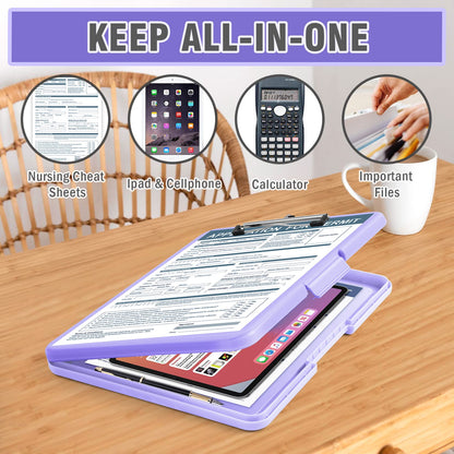 ANZNKU Storage Clipboard Heavy Duty, Clipboard with Storage 13x9.6 inches, Side Opening Plastic Clipboards, Nursing Clip Board Foldable, Letter Size Smooth Writing for Work, Study(Light Purple)