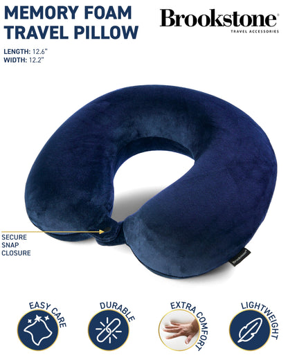 Brookstone Travel Neck Pillow - Lightweight Fleece Casing U-Shaped Stuffable Memory Foam Travel Pillow for Sleeping and Neck Support, Blue