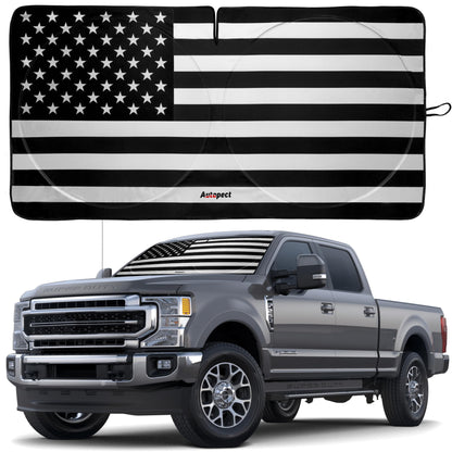 Autopect Windshield Sun Shade - American Flag Design, High-Resolution Sun Visor for Car, Truck, SUV with Mirror Cut-Out for Interior Sun Protection, Foldable Car Sun Shade (Black and White, X-Large)