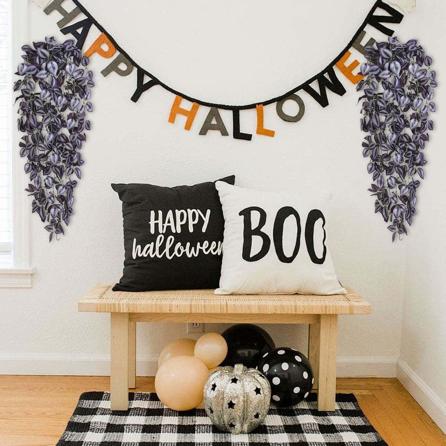 BLEUM CADE Fake Hanging Plants, 2pcs Artificial Hanging Plant, Faux Deep Purple Vines Hanging Plant for Wall Home Living Room Indoor Outdoor Halloween Decor (No Baskets)