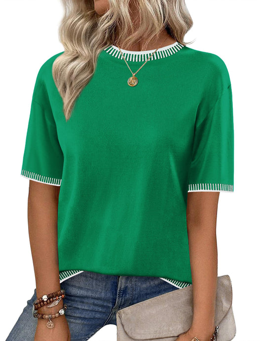 Zeagoo Halloween Sweaters for Women Fall Outfits Trendy 2024 Short Sleeve Crew Neck Knit Pullover Sweater Tops Blouses Green