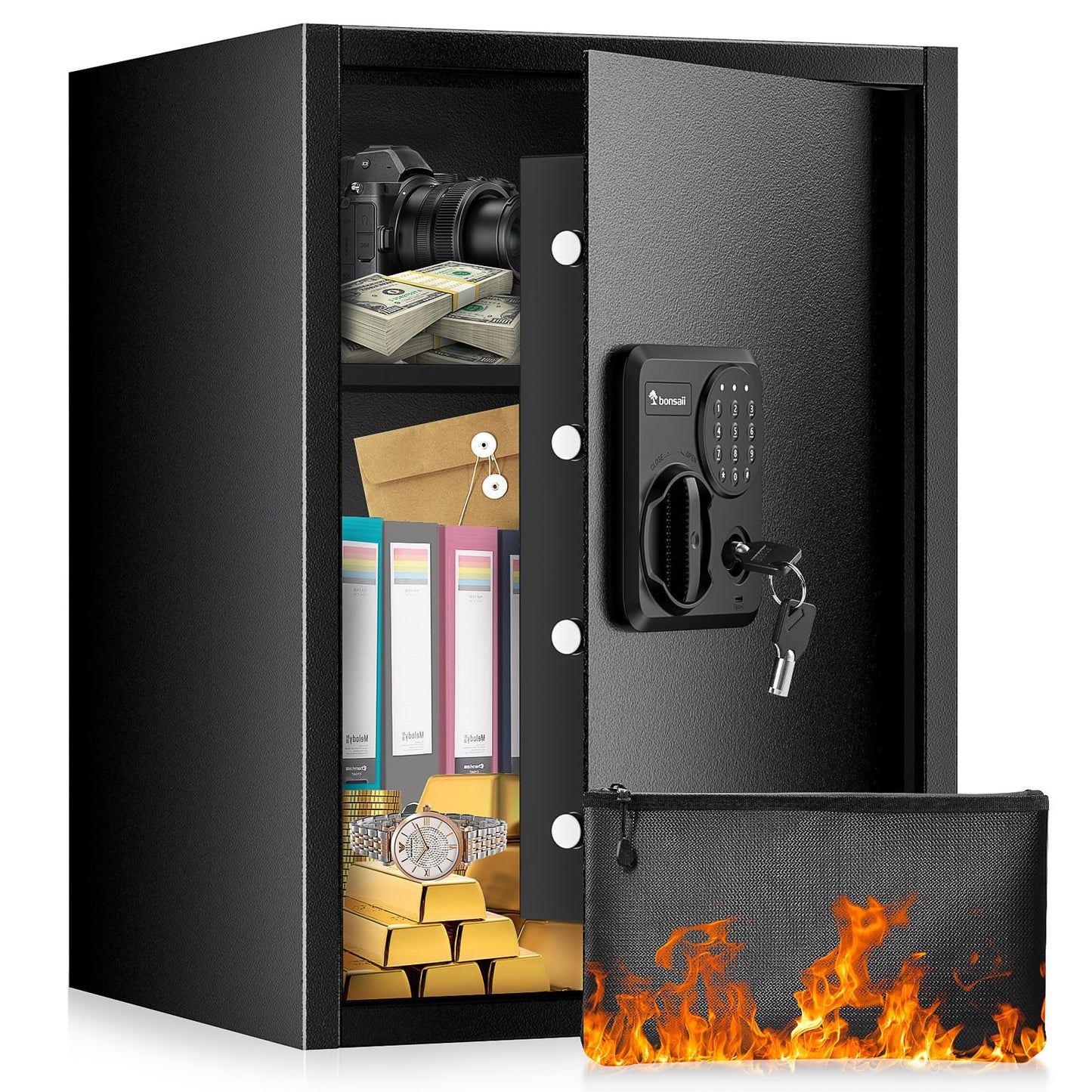 Bonsaii Large Safe Box with Fireproof Bag,2.5 Cubic Feet for home security with Electronic Keypad and Removable Shelf,Document Safe for Home,Money,Cash,Jewelry,15.7"Wx15"Dx21.7"H