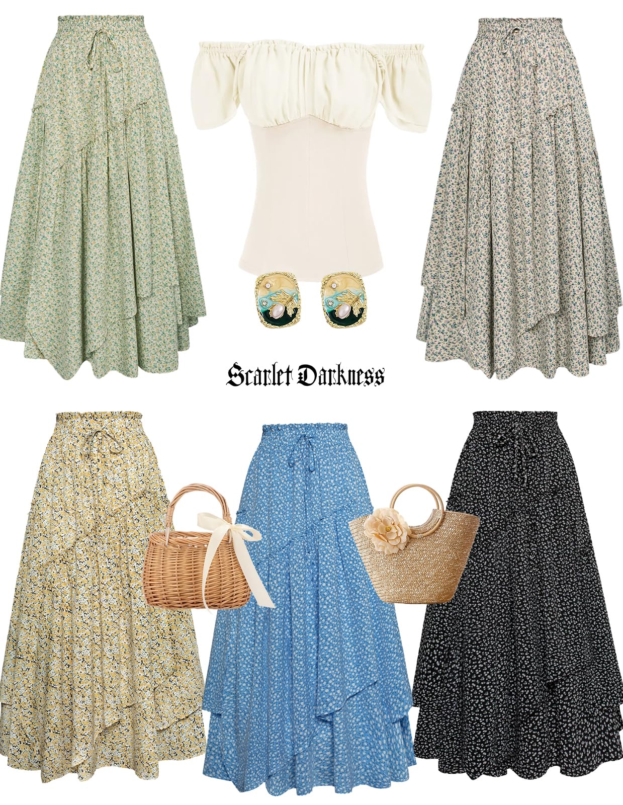 Women Floral Print Boho Skirt Elastic High Waist Long Maxi Skirts with Pockets Navy Yellow Floral L