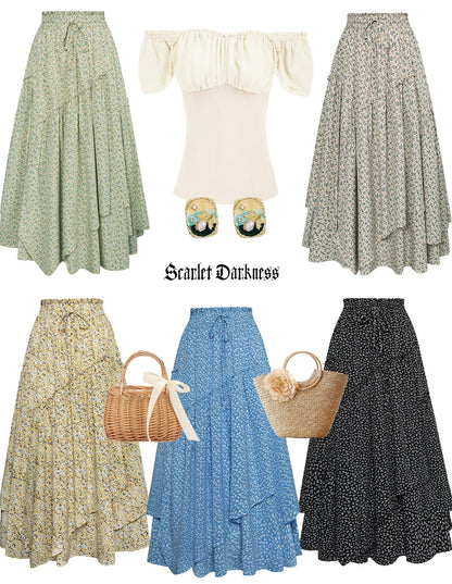 Women Floral Print Boho Skirt Elastic High Waist Long Maxi Skirts with Pockets Navy Yellow Floral L