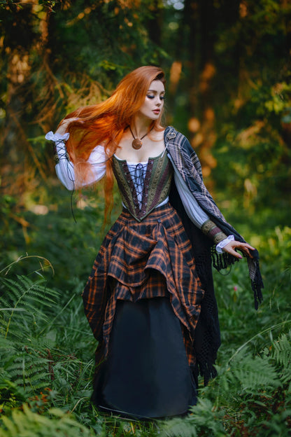 Women Plaid Skirts High Waist Ruffle Skirt Long Skirts with Pockets Orange Plaid S