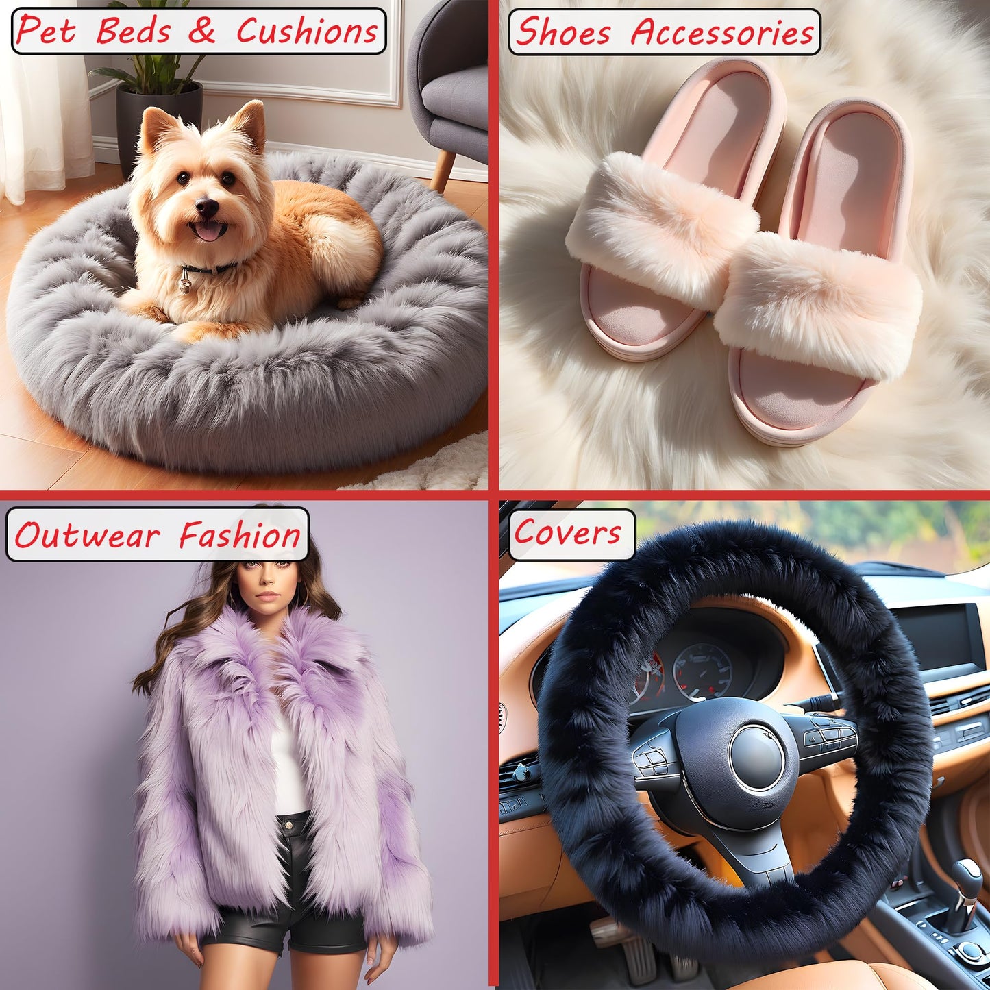 Barcelonetta Faux Fur Fabric | Pre-Cut Fur Squares for Sewing, DIY Crafts, Costumes, Upholstery | Soft, Vegan Faux Fur | Material for Plush Toy Projects (2-Wht 2-Blk Pack, 10" X 10")