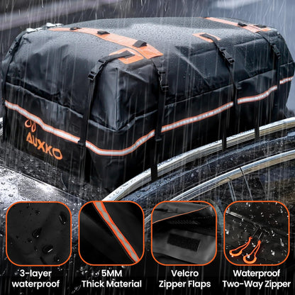 AUXKO 22 Cubic Ft Waterproof Rooftop Cargo Carrier Bag for All Vehicles with/Without Roof Rack, Soft Shell Car Roof Bag with Reflective Strip Includes Anti-Slip Mat, 6 Door Hooks & Combination Lock