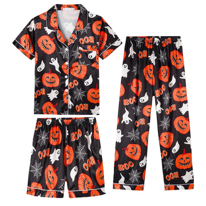Hupohoi Unisex Girls Boys Kids Pajama Sets Button Down Satin Sleepwear Nighty 3PCS Silky Lounge Sets Nightwear Short Sleeve Long Pants, 3pcs-Pumpkin, 10