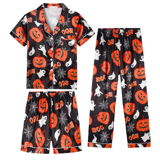Hupohoi Unisex Girls Boys Kids Pajama Sets Button Down Satin Sleepwear Nighty 3PCS Silky Lounge Sets Nightwear Short Sleeve Long Pants, 3pcs-Pumpkin, 10