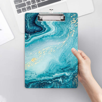 Hongri Wooden Clipboard, Fashion Design Clip Board for Classroom Students,Teacher, Women, Kids, Cute Custom Pattern, Standard Letter Size 9 x 12.5 in with Low Profile Metal Clip, Teal Marble