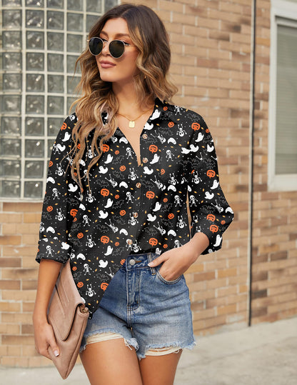 HOTOUCH Halloween Button Up Shirt Women 100% Cotton Linen Gauze Collared Blouse Long Sleeve Dressy Casual Work Top L