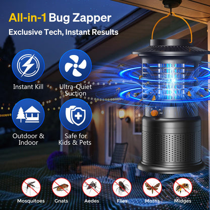 Bug Zapper Outdoor & Mosquito Trap, 4-in-1 Mosquito Zapper with Ultra-Quiet Suction, Rechargeable Fly Traps with 10,000mAh Long Battery Life, Auto On/Off Insect Zapper for Yard, Home, Camping, Black