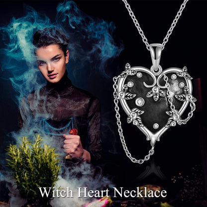 Witches Heart Pendant Necklace 925 Sterling Silver Gothic Jewelry Goth Halloween Gifts for Women