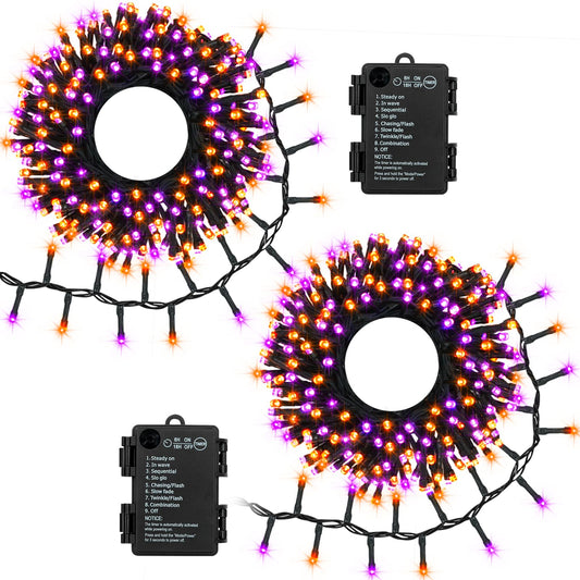 BSGlobal Purple Orange Halloween String Lights Battery, Total 20Ft 400 LED Cluster String Lights with Timer 8 Modes Firecracker Lights Outdoor Waterproof for Tree Home Decor