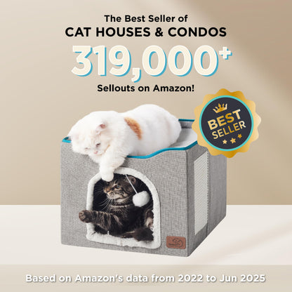 Bedsure Cat Beds for Indoor Cats - Large Cat Cave for Pet Cat House with Fluffy Ball Hanging and Scratch Pad, Foldable Cat Hideaway, 16.5x16.5x13 inches, Grey