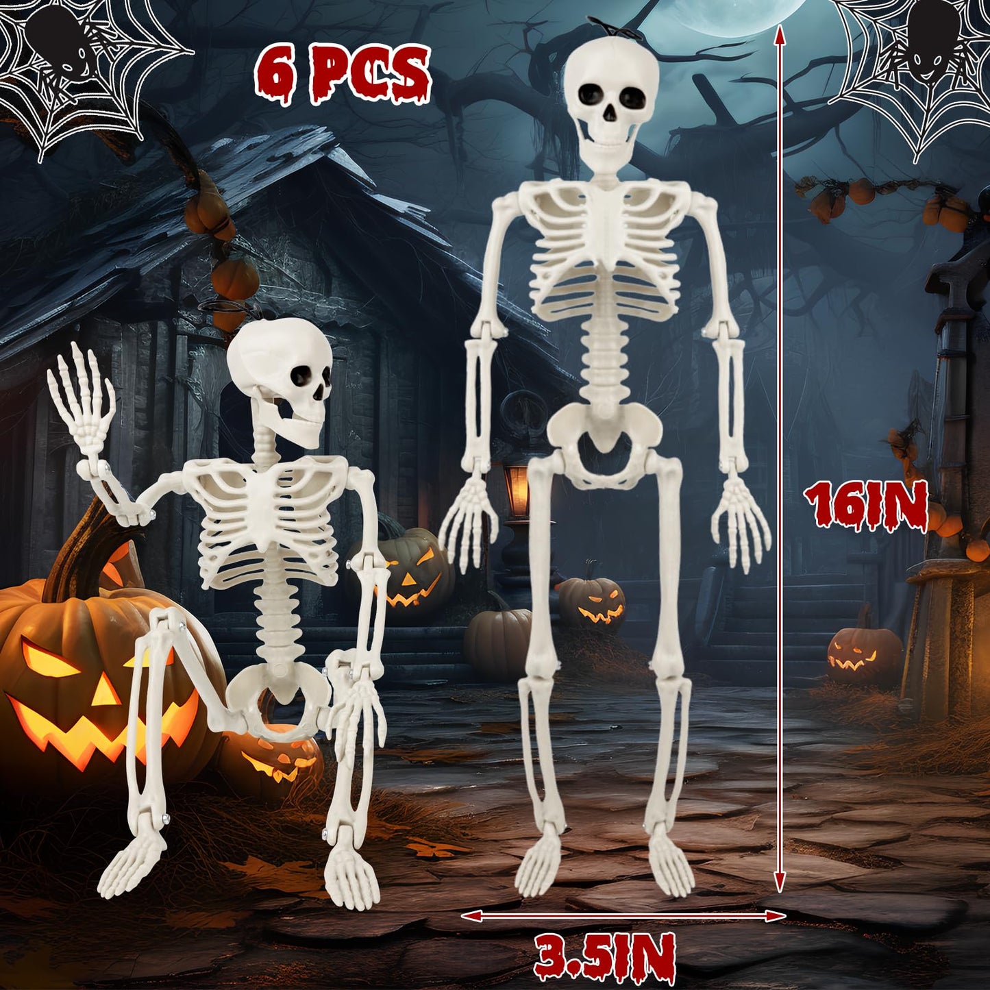 6 Pack Halloween Skeleton Decorations Outdoor: 16" Full Body Skeleton With Movable Posable Joints - Spooky Halloween Props for Yard, Garden, Lawn, Haunted House, Graveyard Decor