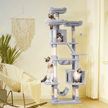Heybly Cat Tree, 73 inches Tall Cat Tower for Large Cats 20 lbs Heavy Duty for Indoor Cats,Big Cat Furniture Condo for with Padded Plush Perch, Cozy Basket and Scratching Posts Light Gray HCT030W