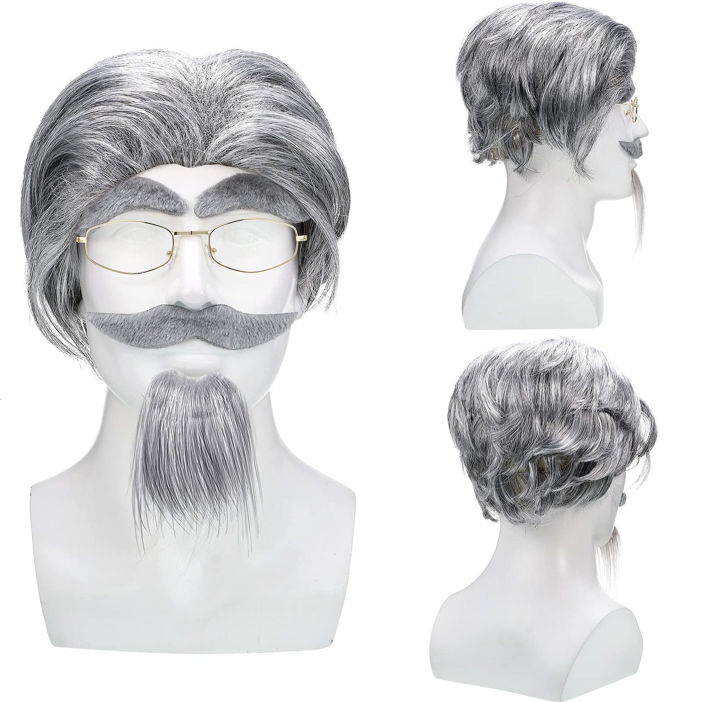 WILLBOND 8 Pcs Old Man Costume Old Man Wig Cane Glasses Faux Eyebrows Mustache Suspenders Bow Tie for Grandpa Halloween Cosplay(Dark Gray)