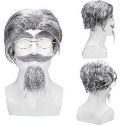 WILLBOND 8 Pcs Old Man Costume Old Man Wig Cane Glasses Faux Eyebrows Mustache Suspenders Bow Tie for Grandpa Halloween Cosplay(Dark Gray)