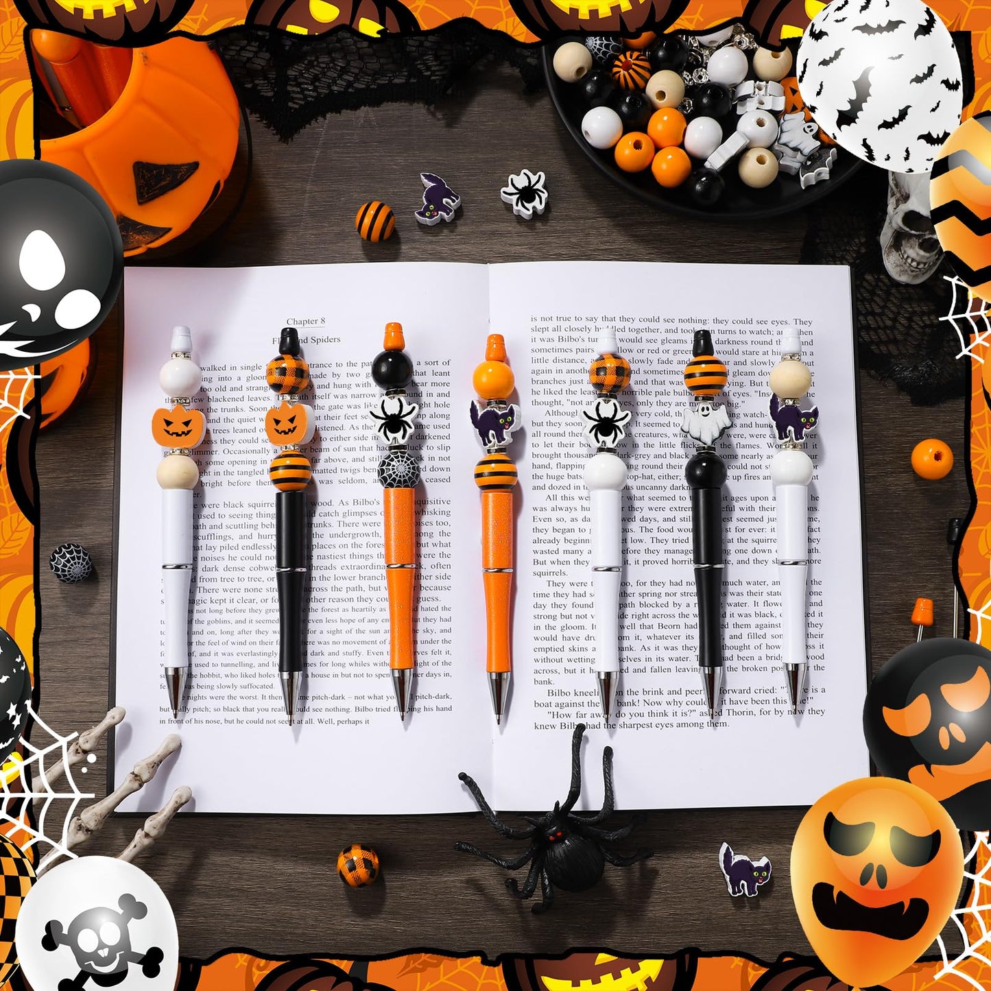 Zhanmai 197 Pcs Halloween Beadable Pen Bulk DIY Pens Making Kit 24 Assorted Bead Pens 101 Pumpkin Ghost Bat Spider Halloween Beads 24 Packaging Bags 48 Spacer Beads for Kids Office School Supplies