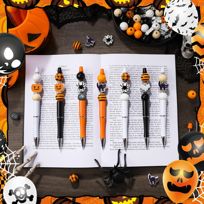 Zhanmai 197 Pcs Halloween Beadable Pen Bulk DIY Pens Making Kit 24 Assorted Bead Pens 101 Pumpkin Ghost Bat Spider Halloween Beads 24 Packaging Bags 48 Spacer Beads for Kids Office School Supplies