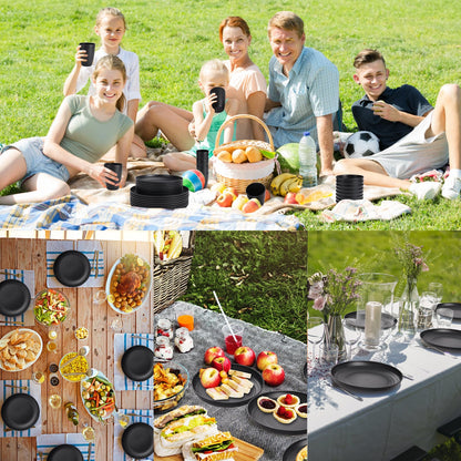 Black Plates and Bowls Sets for 8,Wheat Straw Dinnerware Sets Black Plastic Reusable Dishwasher Safe for Kitchen Halloween Camping,32 Pcs Lightweight Unbreakable Plastic Dishes Set Outdoor