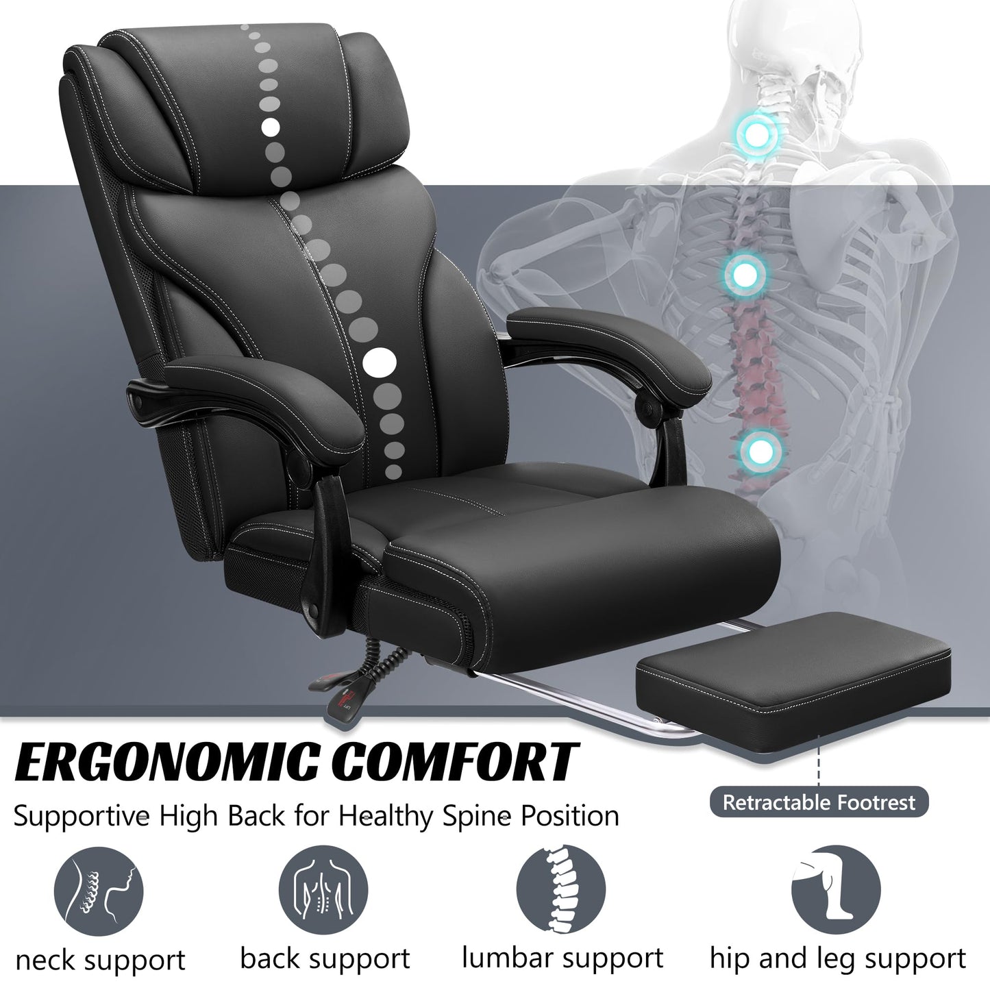 HeroSet Office Chair, Executive Leather Chair Big and Tall Ergonomic Computer Desk Chair, Comfy Swivel Rolling Reclining Lumbar Support Task Chair with Adjustable High Back Foot Rest for Home Gaming