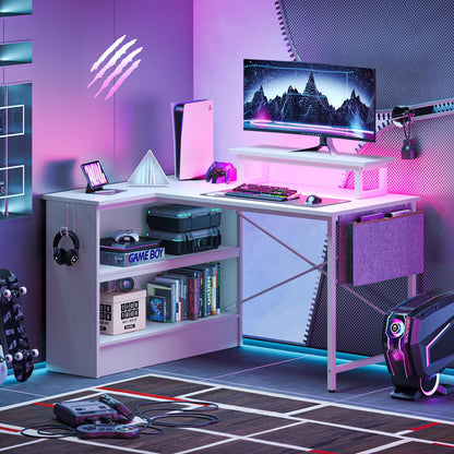 Bestier L Shaped Gaming Desk with LED Lights, 42 Inch Computer Desk with Monitor Stand & Open Storage Cabinet,Writing Study Corner Desk for Home Office Bedroom, White