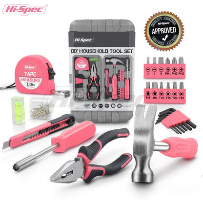 Hi-Spec Tool Set 25pc Pink Household DIY Tool Kit for Women. Small Mini Tool Box Set of Starter Basic Ladies Tools