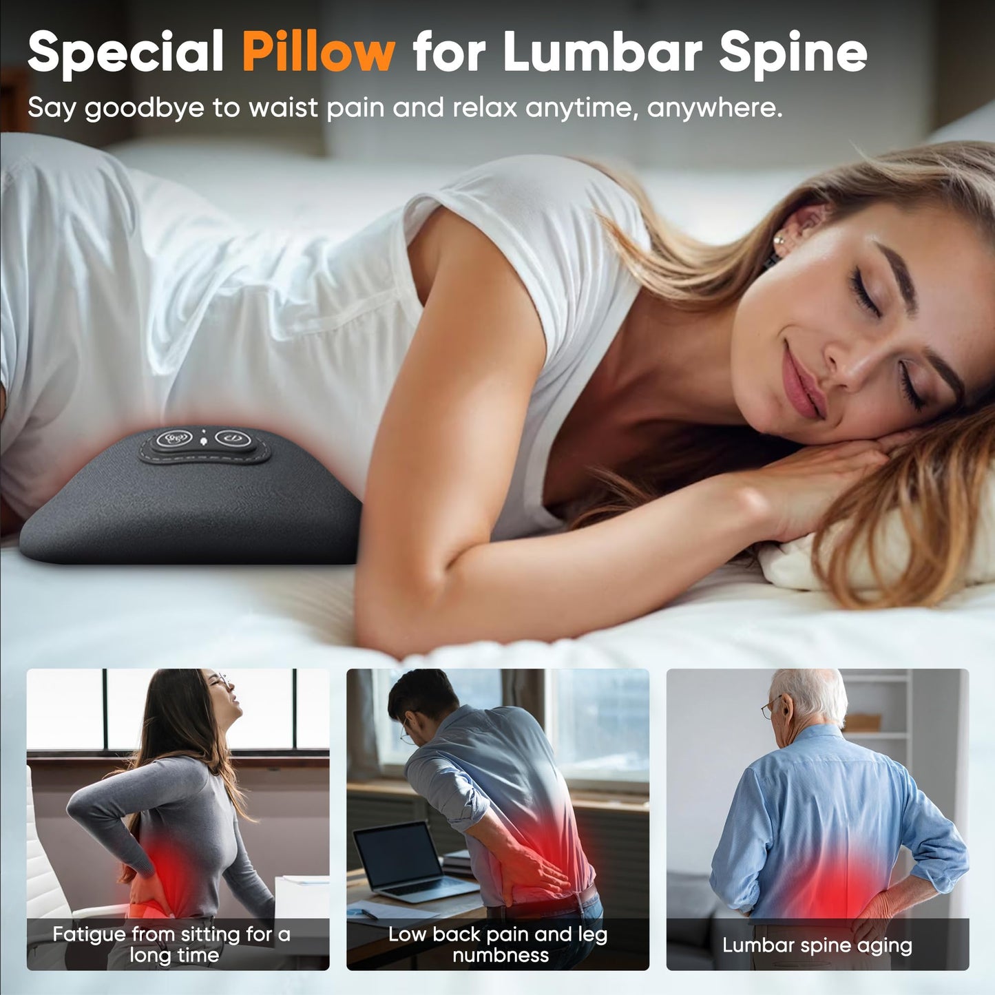 3 in 1 Electric Lumbar Support Pillow with Adjustable Height for Bed and Chair,Back Massager with Heat,Back Support Pillow for Lower Back Pain Relief,Waist Wedge Bolster (Black)