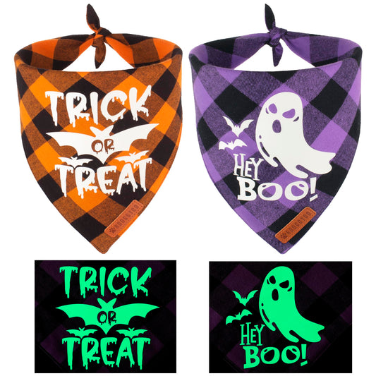 ADOGGYGO Halloween Dog Bandana Reflective Trick or Treat Boo Scarf Orange Purple Plaid Halloween Bandanas for Medium Large Dogs Pets (Large)