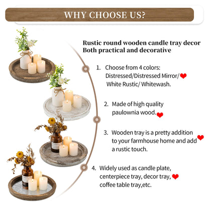 Hanobe Candle Plate Holder Tray: Round Wooden Decorative Candle Plate Small Farmhouse Table Centerpiece Rustic Wood Tealight Pillar Trays for Christmas Wedding Halloween Home Decor