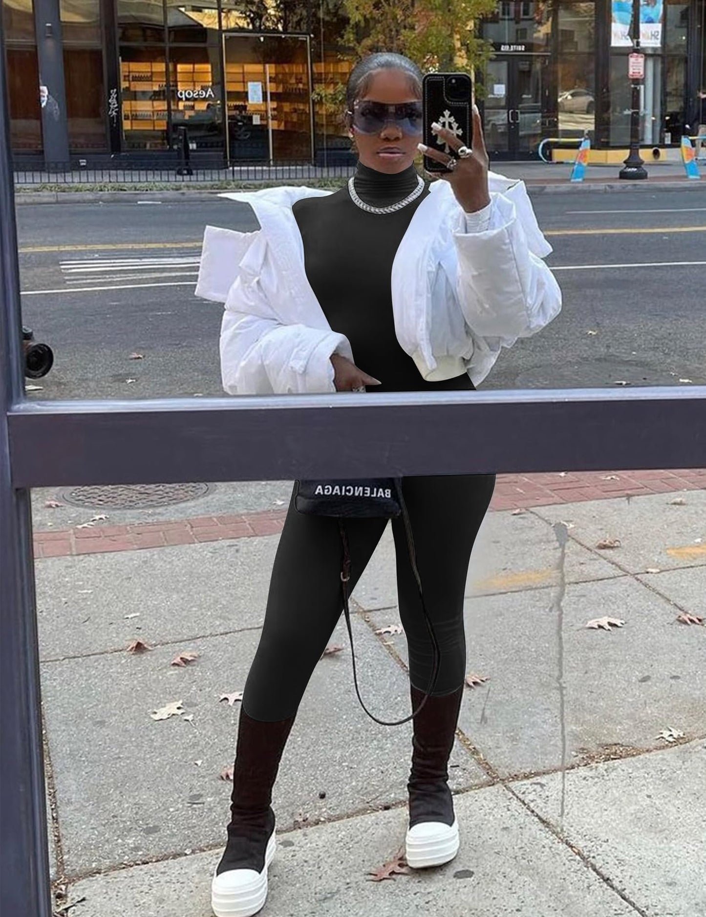 BORIFLORS Long Sleeve Jumpsuit for Women Sexy Turtleneck One Piece Bodycon Rompers Clubwear, Medium, Black