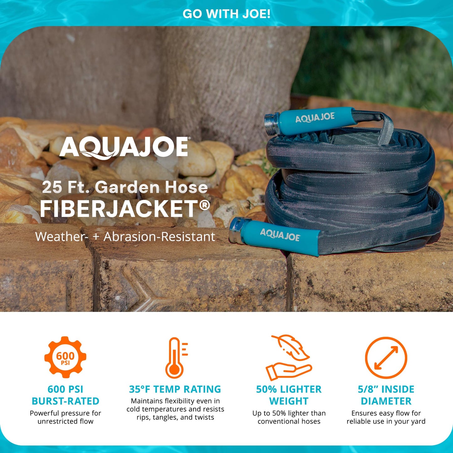 Aqua Joe AJFJH25-58-PRO FiberJacket Non-Expanding Kink-Free Garden, RV, Marine and Camper Hose, Ultra-Lightweight, Drinking Water Safe, ft, 25-Foot x 5/8-Inch
