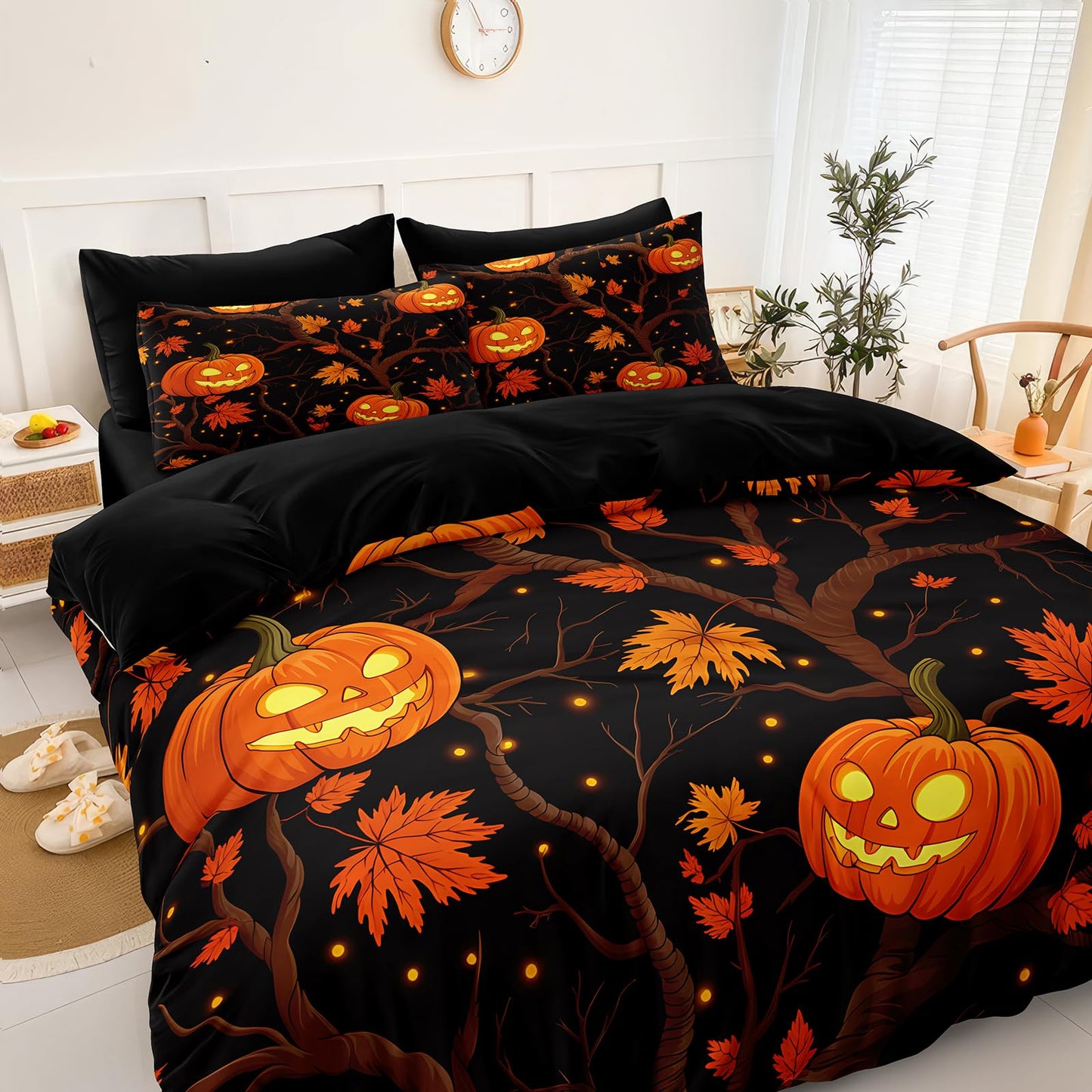 Black Pumpkin Bedding Happy Halloween Comforter Set Orange Pumpkin Lantern Spooky Ghost Festival Theme Black Halloween Bedding Comforter Set King Size