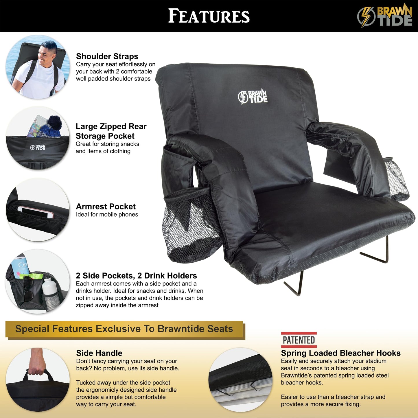 BRAWNTIDE Stadium Seat with Back Support - Comfy Cushion, Thick Padding, 2 Bleacher Hooks, 4 Pockets, Ideal Stadium Chair for Bleachers, Sporting Events, Camping, Beaches (Black, Regular Size)