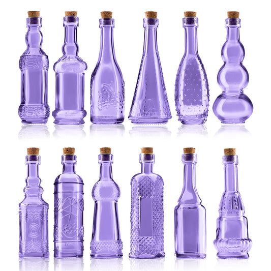 BULK PARADISE Small Mini Purple Vintage Glass Bottles with Corks, Mini Vases, Decorative Glass Bottle, Potion Bottles, Assorted Design Set of 12 pcs, 4.6 Inch Tall (11.43cm), 1.4 Inch Wide (3.56cm)
