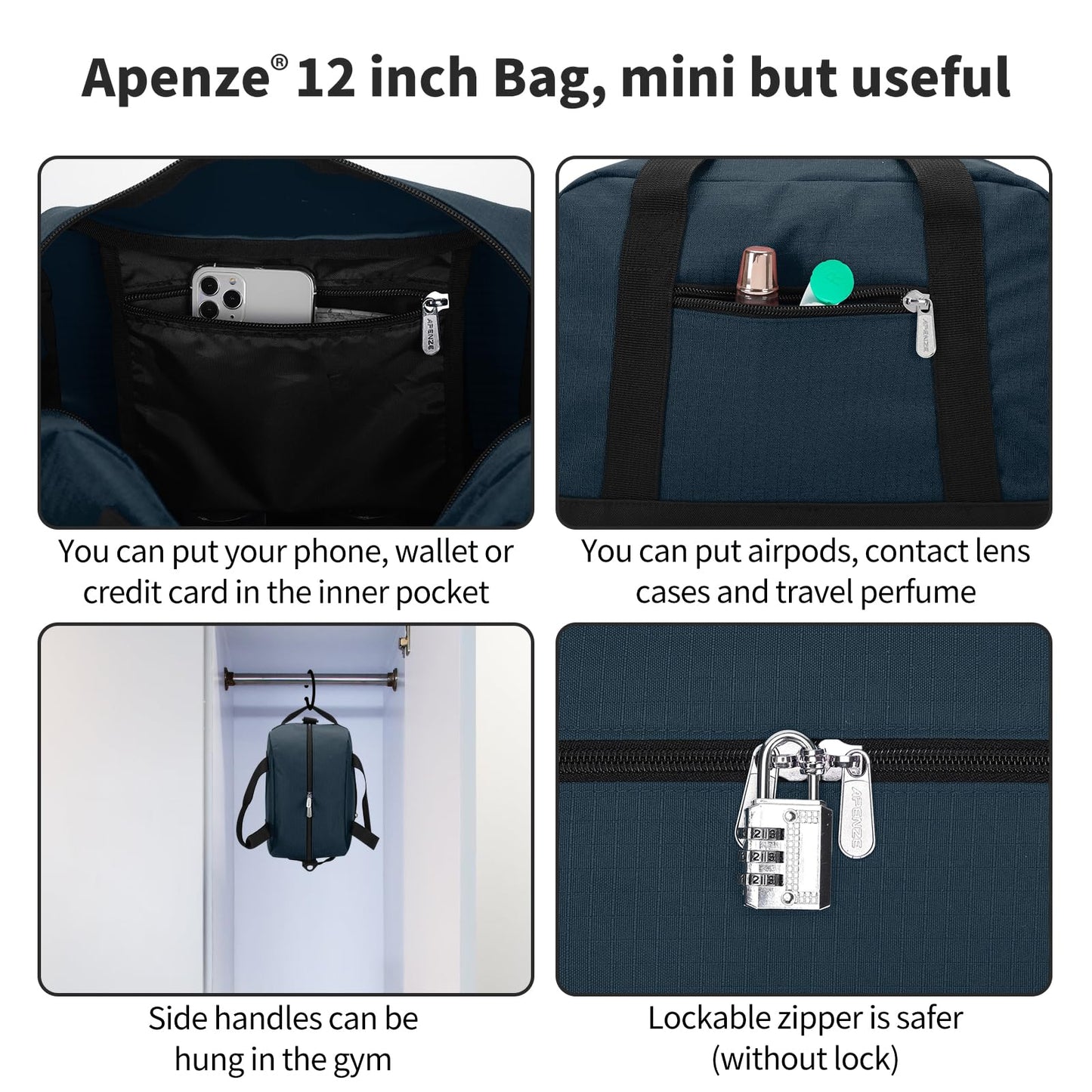 Apenze Small Gym Bag Carry On Bag - 12 in Mini Duffle Bag Lightweight for Overnight Travel（Navy Blue）